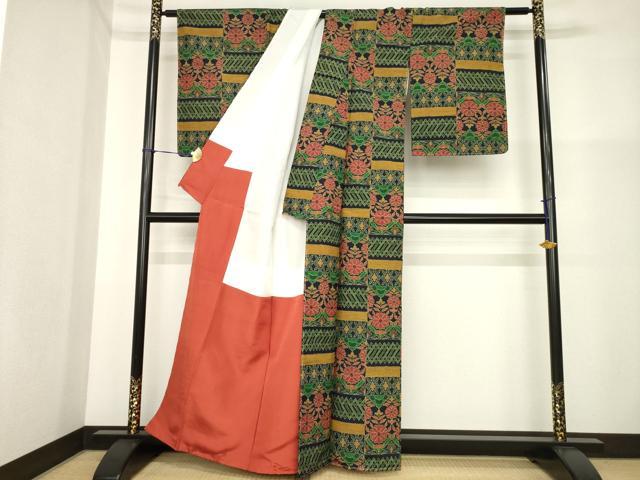 平和屋着物■上質な紬 幾何学花文 黒地 正絹 逸品 AABG2601ck