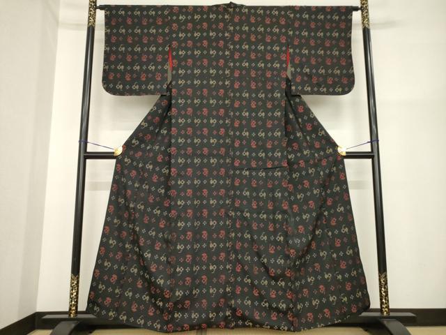 平和屋着物■アンティーク 大正ロマン 紬 草花文 黒地 正絹 逸品 AABG2618ck