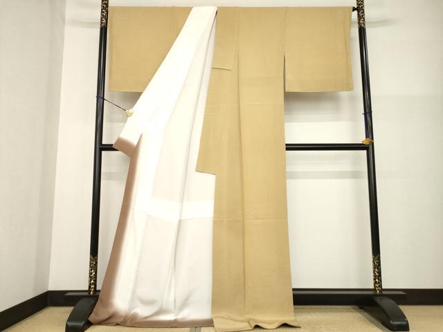 平和屋着物●江戸小紋 極小鮫小紋柄 飴色 丹後ちりめん ロング丈 反端付き 正絹 逸品 AABG2664ck