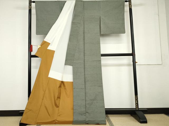 平和屋着物●:石川県指定無形文化財 牛首紬 白山工房 手織り 色無地 青白橡色 証紙付き 正絹 逸品 AABG2710cs