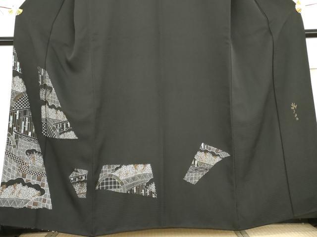 平和屋着物●女優・吉永小百合 訪問着 風景枝葉文 黒地 正絹 逸品 AABG2730cs