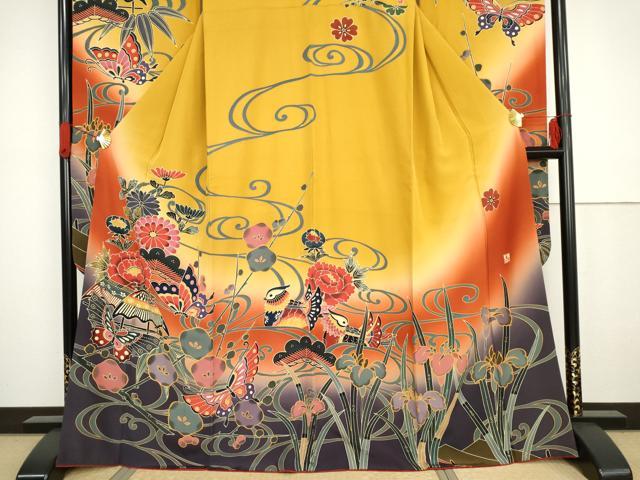 平和屋着物●手ざし京紅型染・宮崎紅型 宮崎良次 振袖 鴛鴦花蝶文 暈し染め 正絹 逸品 AABG2764cs