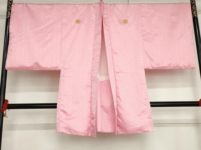 平和屋着物●男性 色紋付・羽織セット 花菱地紋 色無地 桃色 キングサイズ 洗える着物 AABG2766cs