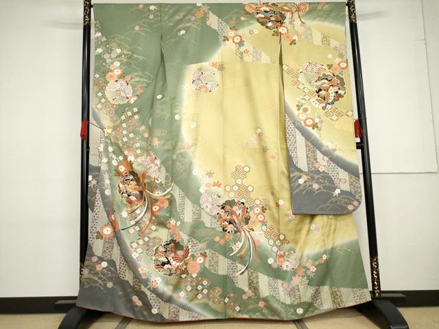 平和屋着物●豪華振袖 駒刺繍 雪輪鳳凰花蝶文 暈し染め 金彩 正絹 逸品 AABG2770cs