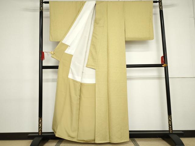 平和屋着物●上質な色無地 葉尽くし地紋 枯草色 正絹 逸品 未使用 AABG2773cs