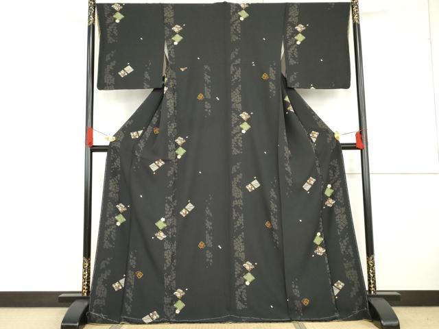 平和屋着物●上質な小紋 桜菱間道 黒地 金彩 正絹 逸品 未使用 AABG2788cs