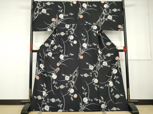 平和屋着物●上質な小紋 鹿の子雪輪枝葉文 黒地 正絹 逸品 AABG2789cs
