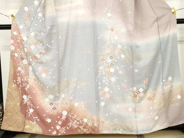 平和屋着物●訪問着 友禅 枝垂れ桜文 暈し染め 金彩 正絹 逸品 AABG2792cs
