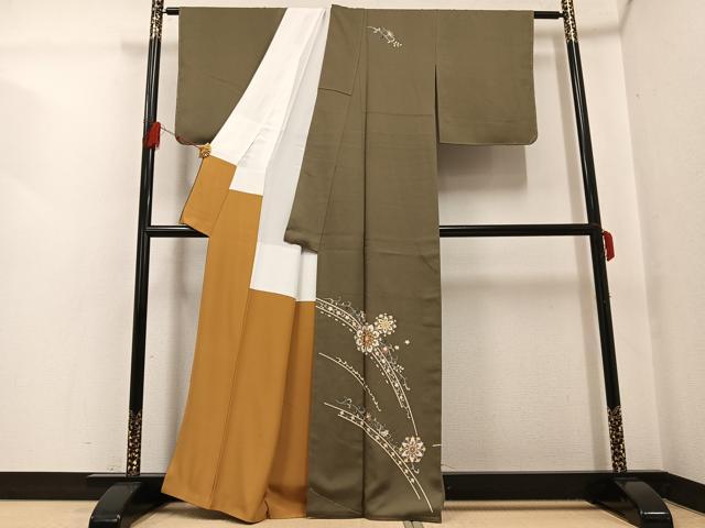 平和屋着物●訪問着 草花文 丹後ちりめん 反端付き 正絹 逸品 AABG2825ph