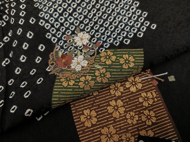 平和屋着物●訪問着 刺繍 色紙重ね花文 黒地 金彩 正絹 逸品 AABG2826ph