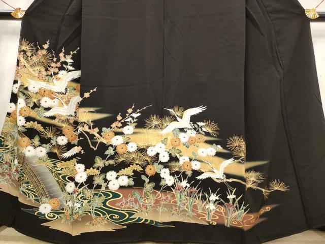 平和屋着物■豪華黒留袖 飛鶴梅松文 暈し染め 金彩 正絹 逸品 AABG2977st