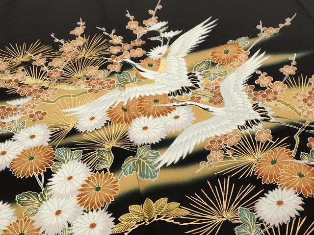平和屋着物■豪華黒留袖 飛鶴梅松文 暈し染め 金彩 正絹 逸品 AABG2977st