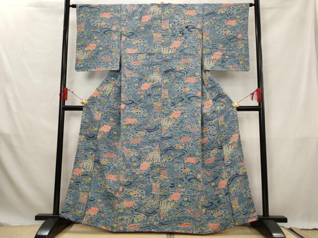 平和屋着物■上質な小紋 型染め 風景花文 正絹 逸品 AABG3027st