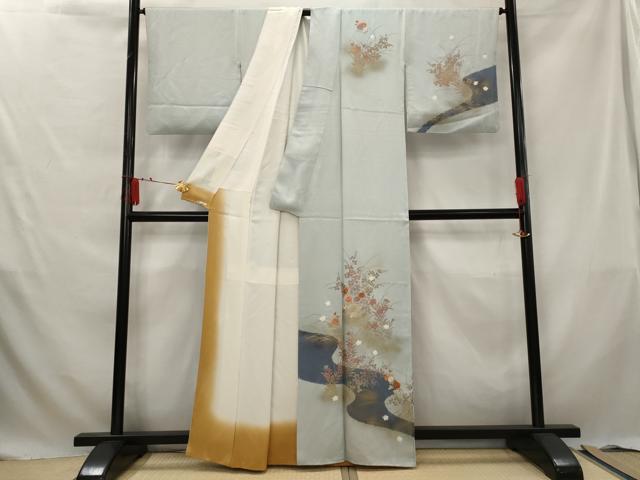 平和屋着物■訪問着 絞り 刺繍 流水草花文 金糸 金彩 正絹 逸品 AABG3047st