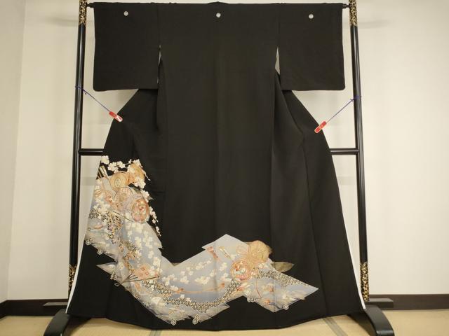 平和屋着物■豪華黒留袖 鼓舞扇花文 暈し染め 金銀彩 正絹 逸品 AABG3100ja