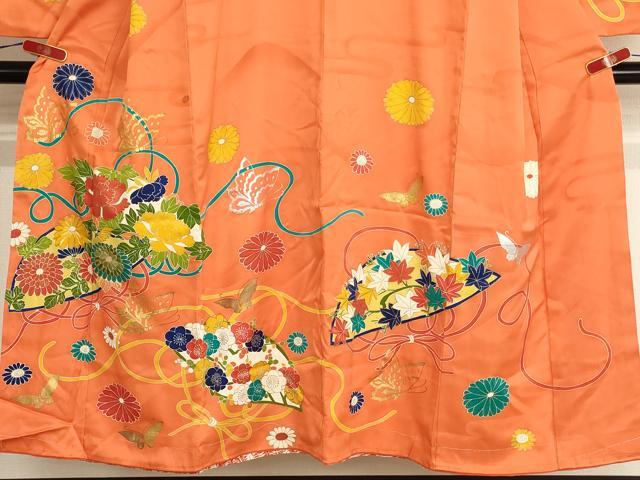 平和屋着物∵女の子 十三参り 子供 祝着 友禅 駒刺繍 扇面花蝶文 金銀彩 三越扱い 正絹 逸品 AABG3364ja