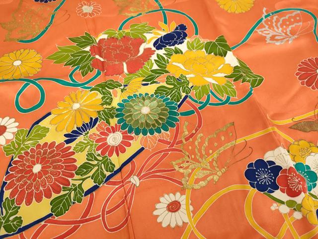 平和屋着物∵女の子 十三参り 子供 祝着 友禅 駒刺繍 扇面花蝶文 金銀彩 三越扱い 正絹 逸品 AABG3364ja