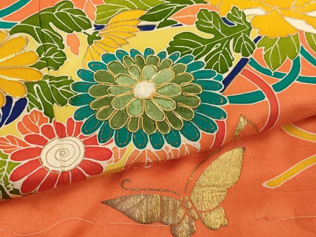 平和屋着物∵女の子 十三参り 子供 祝着 友禅 駒刺繍 扇面花蝶文 金銀彩 三越扱い 正絹 逸品 AABG3364ja