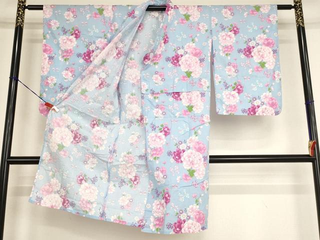 平和屋着物*夏物 浴衣 子供 女の子 舞花文 リボン 綿 逸品 AABG3382ja