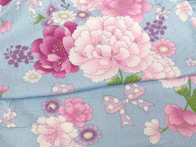 平和屋着物*夏物 浴衣 子供 女の子 舞花文 リボン 綿 逸品 AABG3382ja