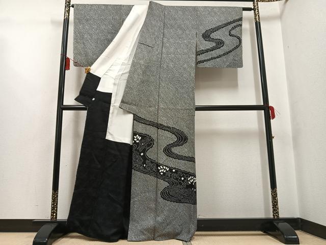 平和屋着物●訪問着 絞り 流水花文 黒地 正絹 逸品 未使用 AABG3460ph