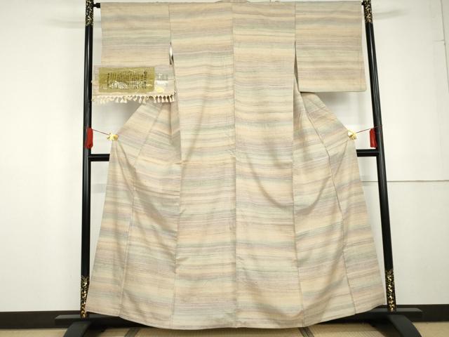 平和屋着物●天蚕糸 紬 霞横段文 斎藤織物工場謹製 やまと誂製 反端付き 正絹 逸品 AABG3489cs