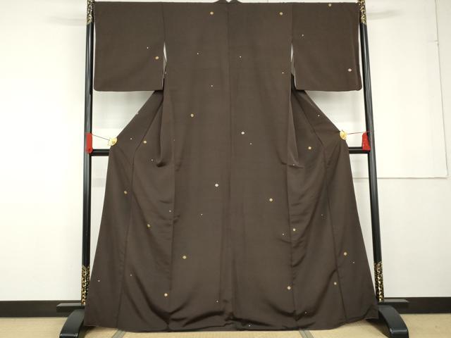 平和屋着物●上質な小紋 紬地 箔散らし 飛び柄 赤墨色 金銀彩 正絹 逸品 AABG3494cs