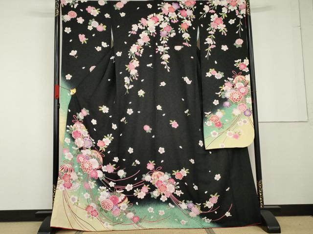 平和屋着物●豪華振袖 花薬玉 暈し染め 黒地 金彩 金通し地 正絹 逸品 AABG3511cs