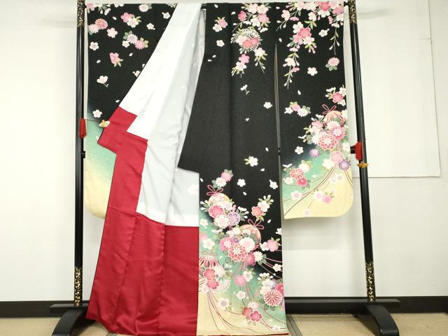 平和屋着物●豪華振袖 花薬玉 暈し染め 黒地 金彩 金通し地 正絹 逸品 AABG3511cs