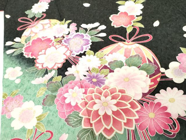 平和屋着物●豪華振袖 花薬玉 暈し染め 黒地 金彩 金通し地 正絹 逸品 AABG3511cs