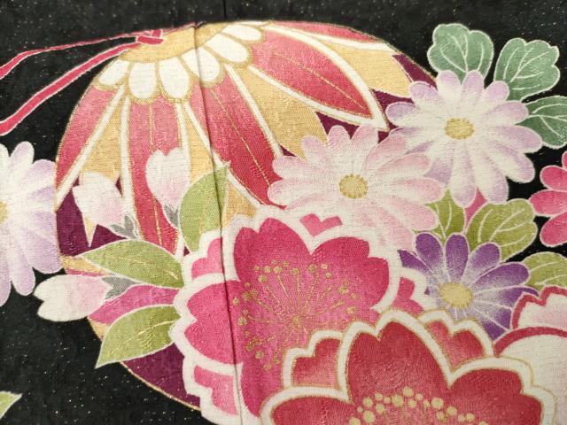 平和屋着物●豪華振袖 花薬玉 暈し染め 黒地 金彩 金通し地 正絹 逸品 AABG3511cs