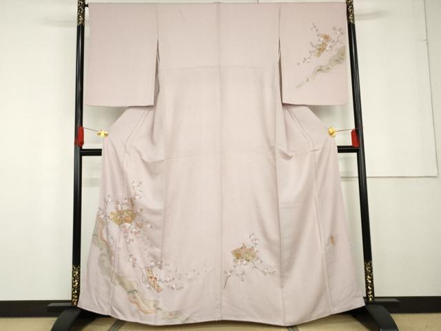 平和屋着物●訪問着 作家物 雪祥 中国三大刺繍 スワトウ刺繍 汕頭刺繍 地紙短冊枝花文 金糸 正絹 逸品 未使用 AABG3515cs