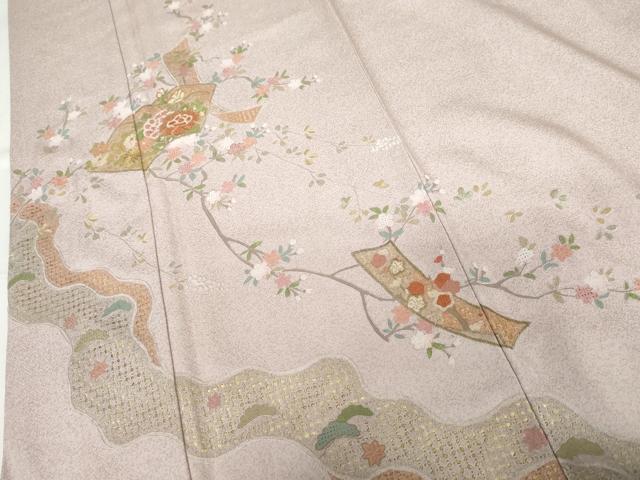 平和屋着物●訪問着 作家物 雪祥 中国三大刺繍 スワトウ刺繍 汕頭刺繍 地紙短冊枝花文 金糸 正絹 逸品 未使用 AABG3515cs