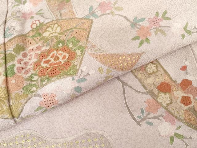 平和屋着物●訪問着 作家物 雪祥 中国三大刺繍 スワトウ刺繍 汕頭刺繍 地紙短冊枝花文 金糸 正絹 逸品 未使用 AABG3515cs