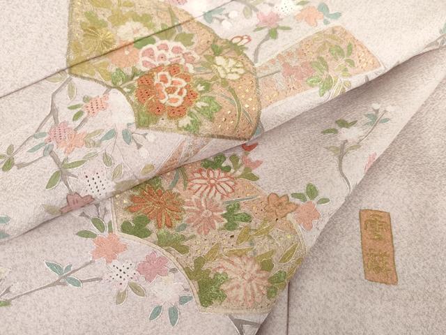 平和屋着物●訪問着 作家物 雪祥 中国三大刺繍 スワトウ刺繍 汕頭刺繍 地紙短冊枝花文 金糸 正絹 逸品 未使用 AABG3515cs