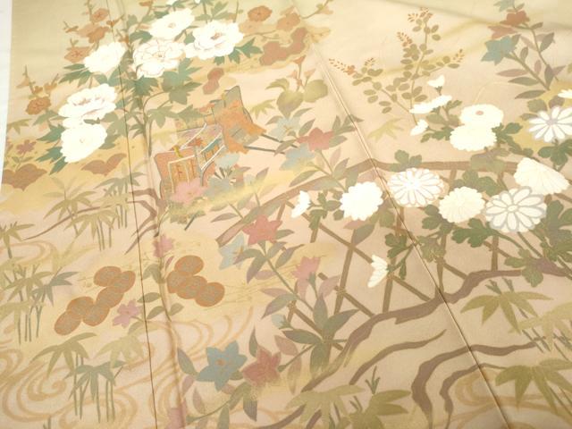 平和屋着物●訪問着 刺繍 流水御所車花文 暈し染め 金糸 金彩 正絹 逸品 AABG3549cs
