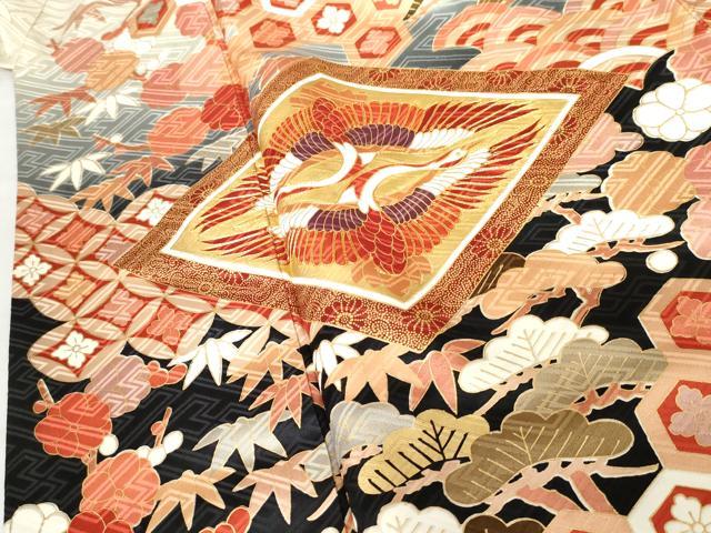 平和屋着物●豪華振袖 駒刺繍 双鶴松竹梅文 暈し染め 金彩 正絹 逸品 AABG3578cs
