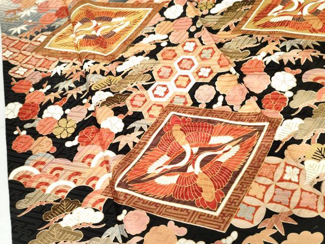 平和屋着物●豪華振袖 駒刺繍 双鶴松竹梅文 暈し染め 金彩 正絹 逸品 AABG3578cs