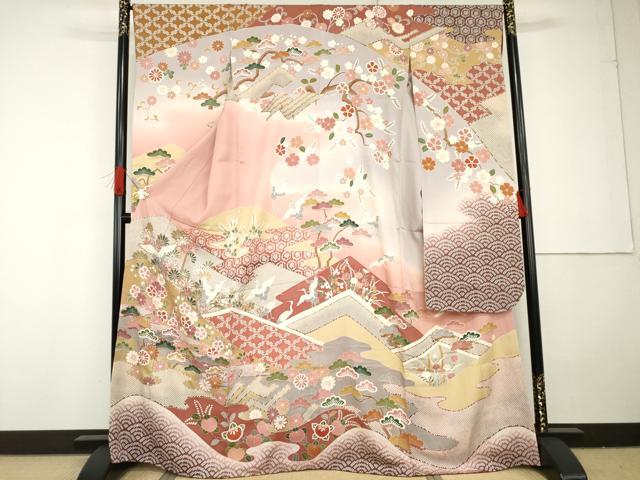 平和屋着物●豪華振袖 友禅 作家物 飛鶴梅松花文 暈し染め 金彩 正絹 逸品 AABG3594cs