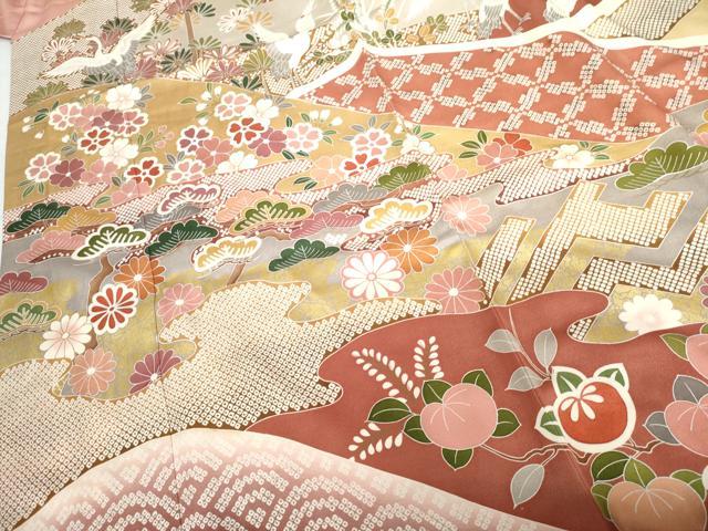 平和屋着物●豪華振袖 友禅 作家物 飛鶴梅松花文 暈し染め 金彩 正絹 逸品 AABG3594cs