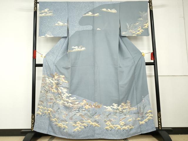 平和屋着物●森青山 訪問着 友禅 立波風景松文 金彩 正絹 逸品 AABG3600cs