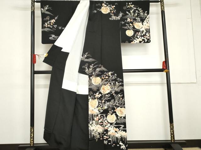 平和屋着物●訪問着 駒刺繍 流水吉祥草花文 黒地 金彩 正絹 逸品 AABG3622cs