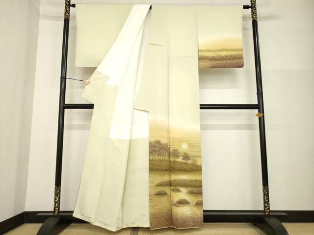 平和屋着物●樋熊哲也 訪問着 辻が花 絞り 手描き 訪問着・袋帯セット 夕日 浜ちりめん 反端付き 正絹 逸品 AABG3647ck