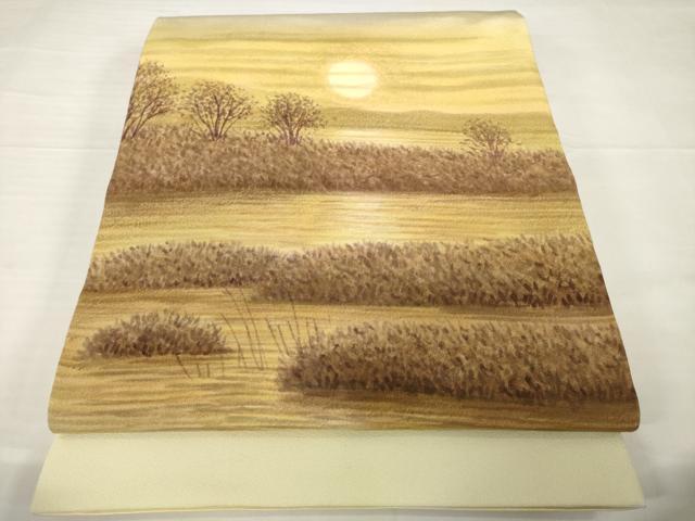 平和屋着物●樋熊哲也 訪問着 辻が花 絞り 手描き 訪問着・袋帯セット 夕日 浜ちりめん 反端付き 正絹 逸品 AABG3647ck