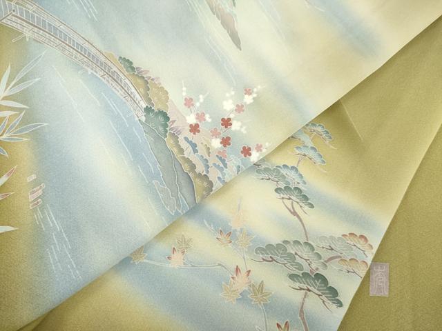 平和屋着物●訪問着 友禅 作家物 渡り橋風景文 暈し染め 正絹 逸品 AABG3665ck