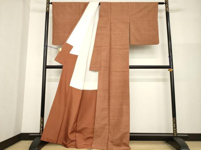 平和屋着物▼上質な紬 格子 駱駝色 正絹 逸品 AABG3691ck