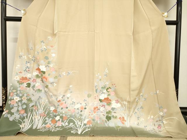平和屋着物●訪問着 友禅 草花文 暈し染め 金彩 ロング丈 正絹 逸品 未使用 AABG3694ck