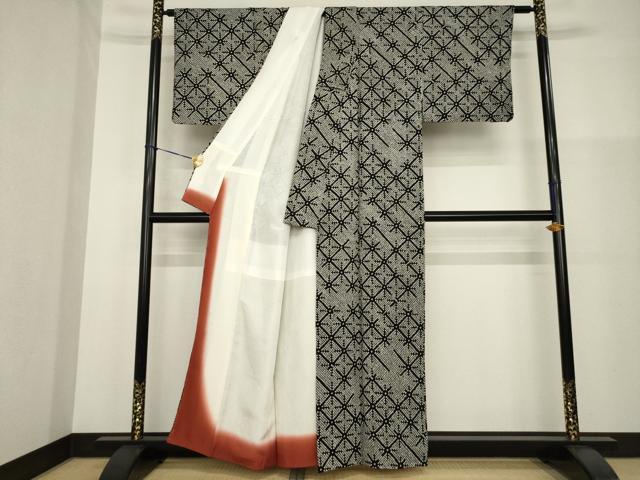 平和屋着物●上質な小紋 総絞り 幾何学文様 黒地 正絹 逸品 AABG3704ck