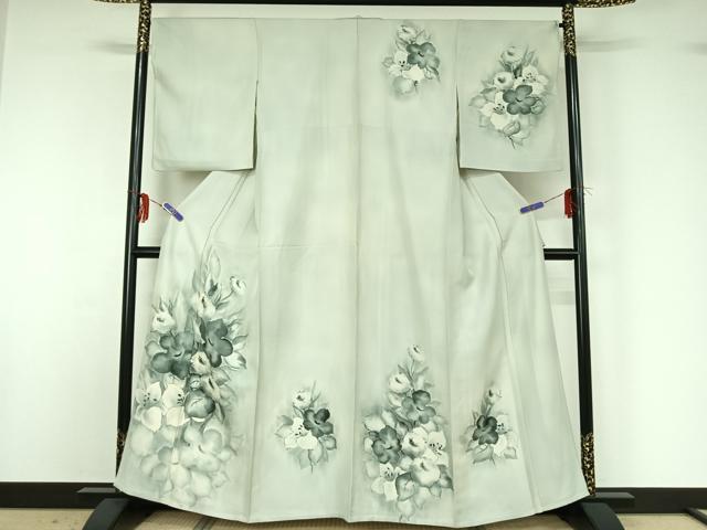 平和屋着物▽訪問着 単衣 手描き 草花文 暈し染め 正絹 逸品 AABG3738jh