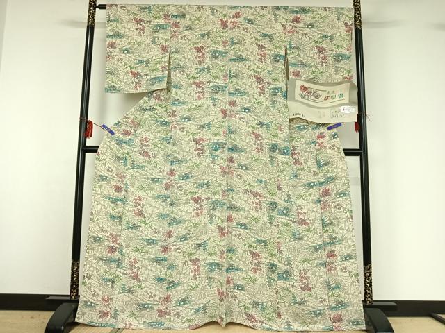平和屋着物▽上質な小紋 単衣 本流紅型染 風景花文 鬼しぼ縮緬 反端付き 正絹 逸品 AABG3740jh